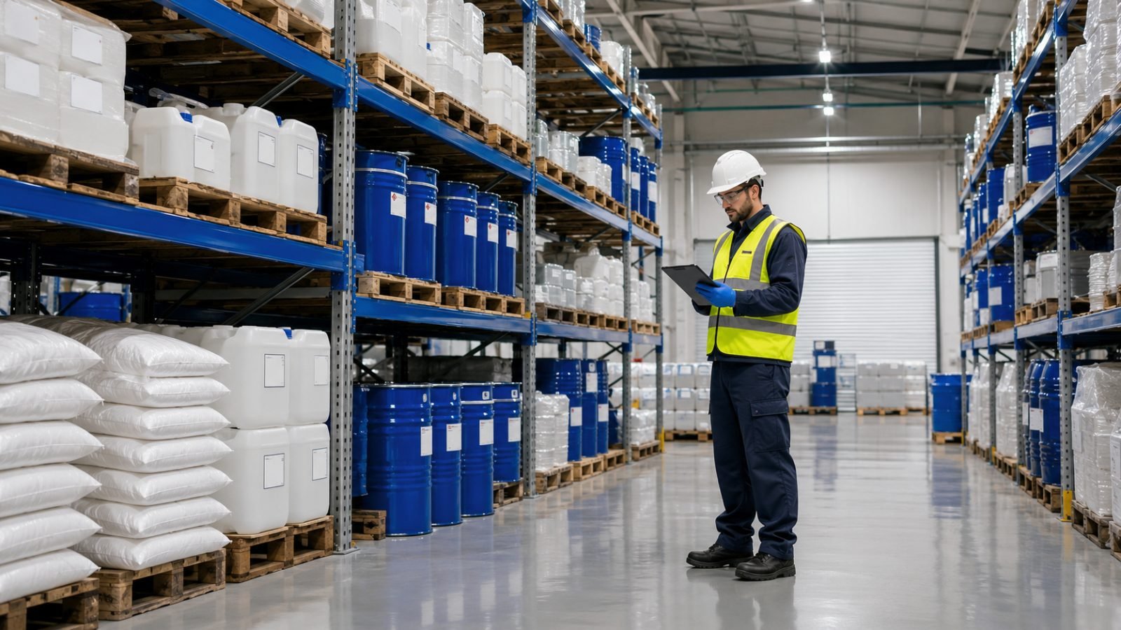 Entrepôt de distribution de produits chimiques avec un technicien en tenue de sécurité