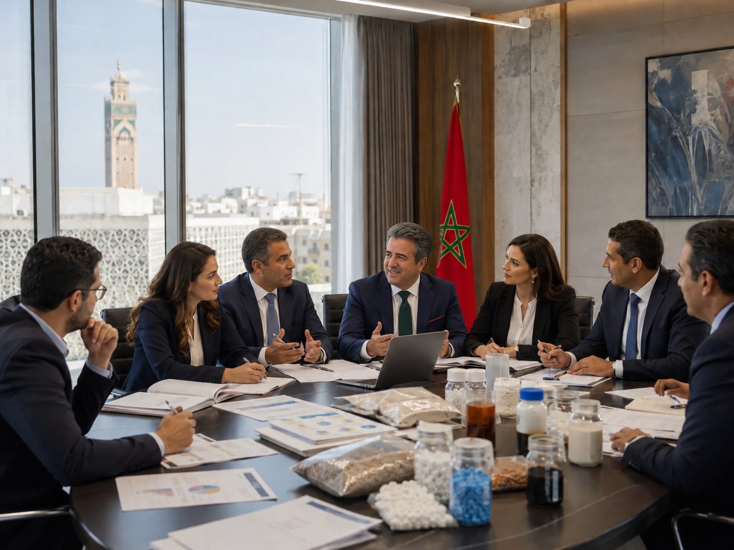 Réunion de dirigeants de l’industrie chimique autour d’une table de conférence